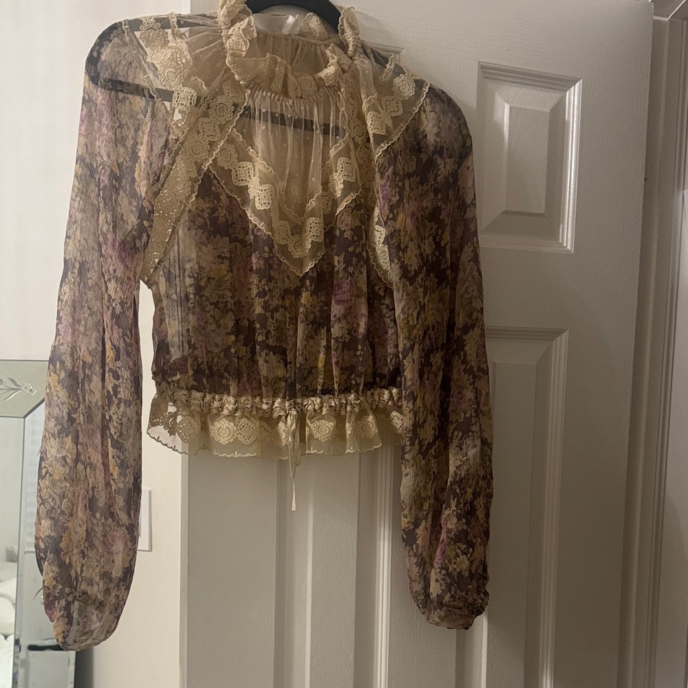 Zimmermann Floral Sheer Blouse with Lace Trim
